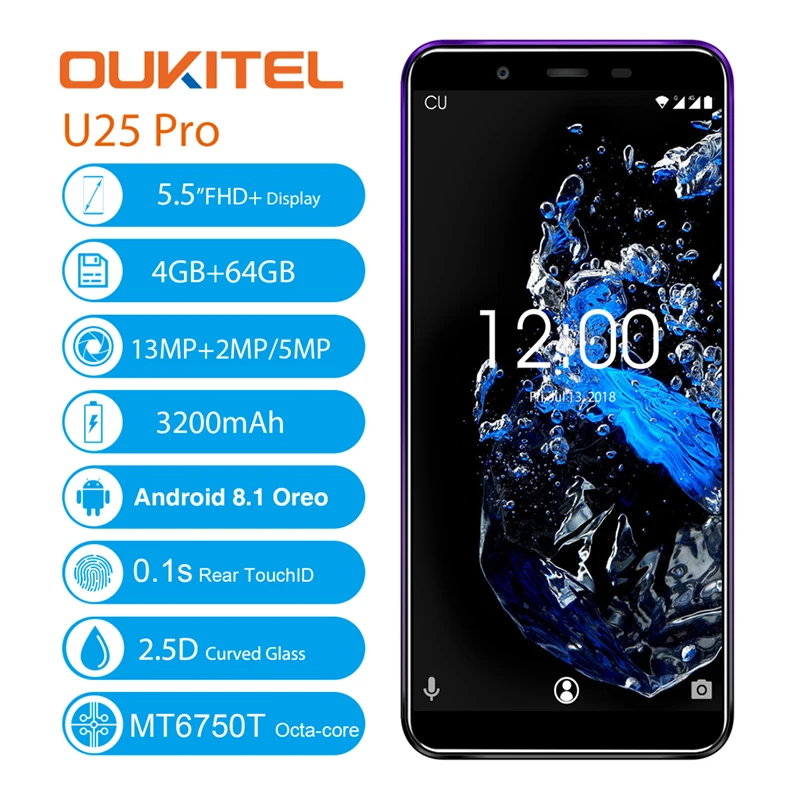 OUKITEL U25 Pro 5 &quot2.5D Incell дисплей 13MP + 2MP/5MP Android 8 1 мобильный телефон MT6750T Восьмиядерный 4G