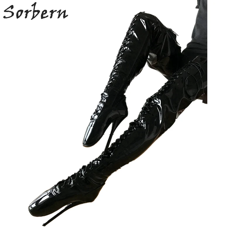 

Sorbern Sexy Fetish High Heel Boots Unisex Crotch Ballet Stiletto Custom Order Black Patent Boots 18cm Plus Size Lace-Up Shoes