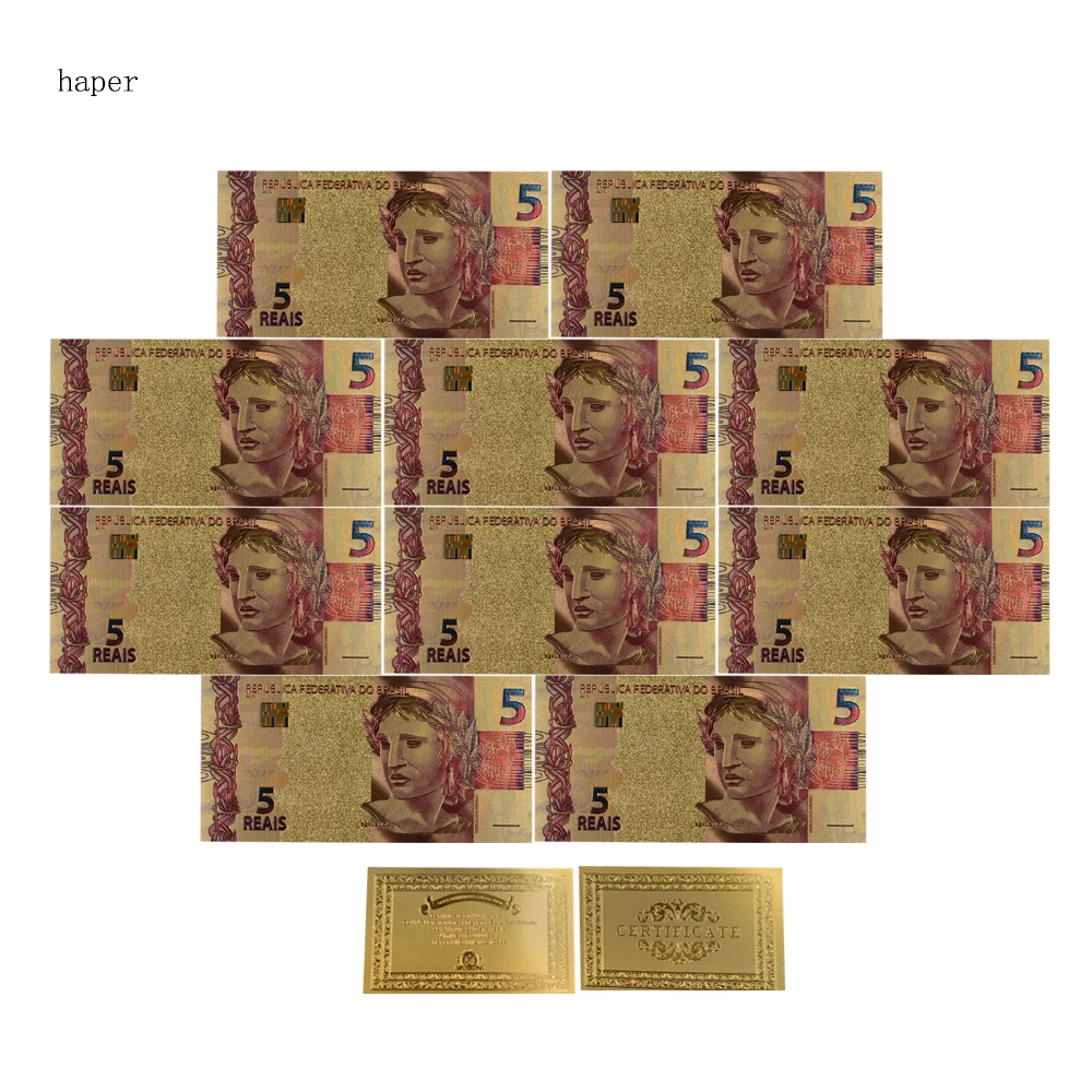 New Style 10pcs/lot Color Brazil Gold Banknotes 5 Reals Banknote in 24K Gold Plated Paper Money For Collection
New Style 10pcs/lot Color Brazil Gold Banknotes 5 Reals Banknote in 24K Gold Plated Paper Money For Collection
