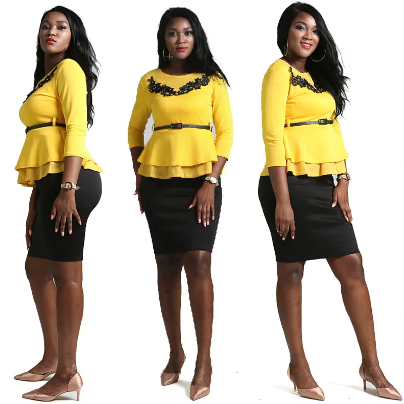 African Women's Plus Size Clothing Yellow Ruffled Hem Bundle Waist Top Black Skirt Elegant Ladies Set
African Women's Plus Size Clothing Yellow Ruffled Hem Bundle Waist Top Black Skirt Elegant Ladies Set