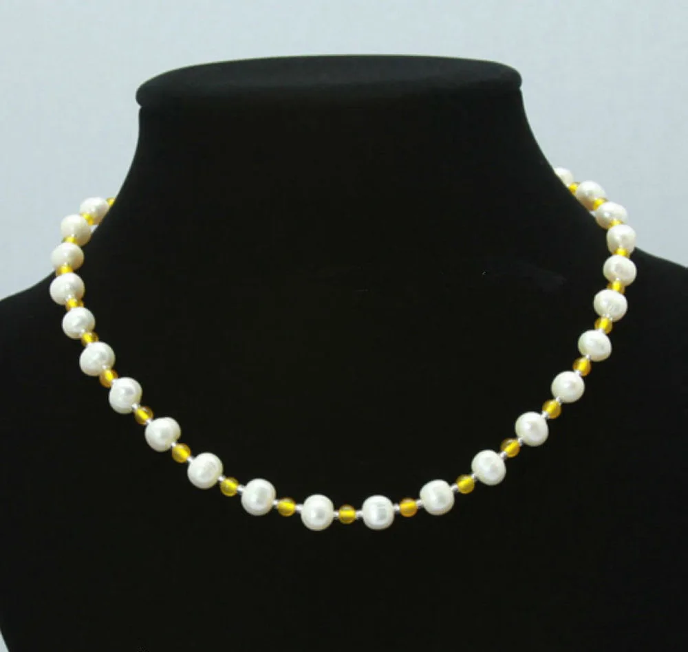 

Free Shipping Fashion 7-8mm Natural White Akoya Freshwater Pearl 4mm Yellow jade Necklace 18"