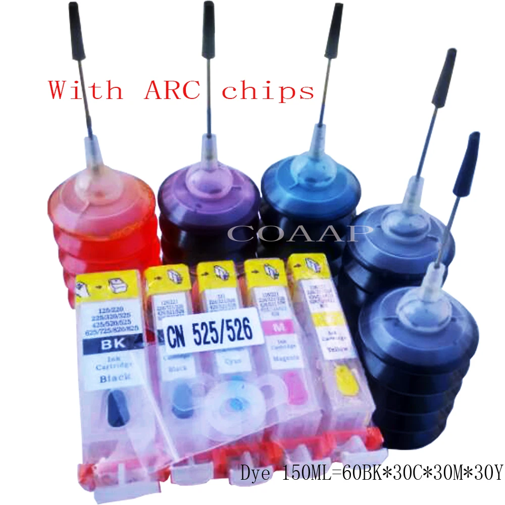 5 Pack Compatible canon 525 526 Refillable cartridge + Dye 150ML inks for Pixma MG5120 MG5350 MG6100 MG6120 MG6150 Printer
5 Pack Compatible canon 525 526 Refillable cartridge + Dye 150ML inks for Pixma MG5120 MG5350 MG6100 MG6120 MG6150 Printer