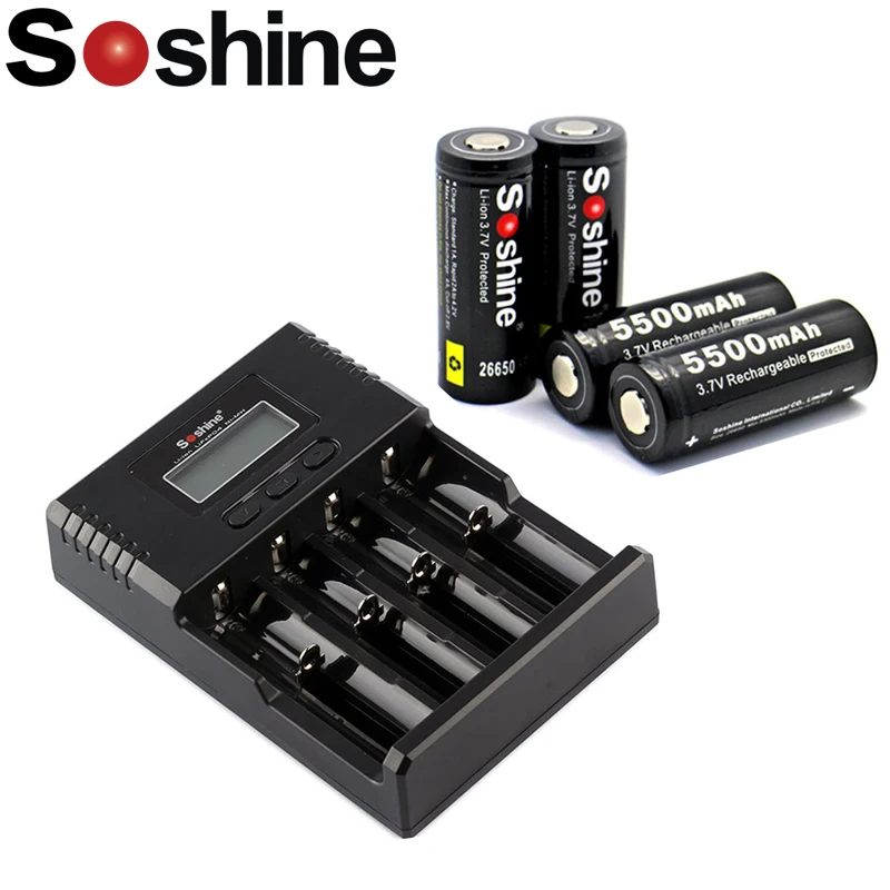 

4pcs/lot Soshine 26650 3.7V 5500mAh Protected Rechargeable Li-ion Battery+Soshine H4 Li-ion 4-Slot NiCd NiMh LCD Charger