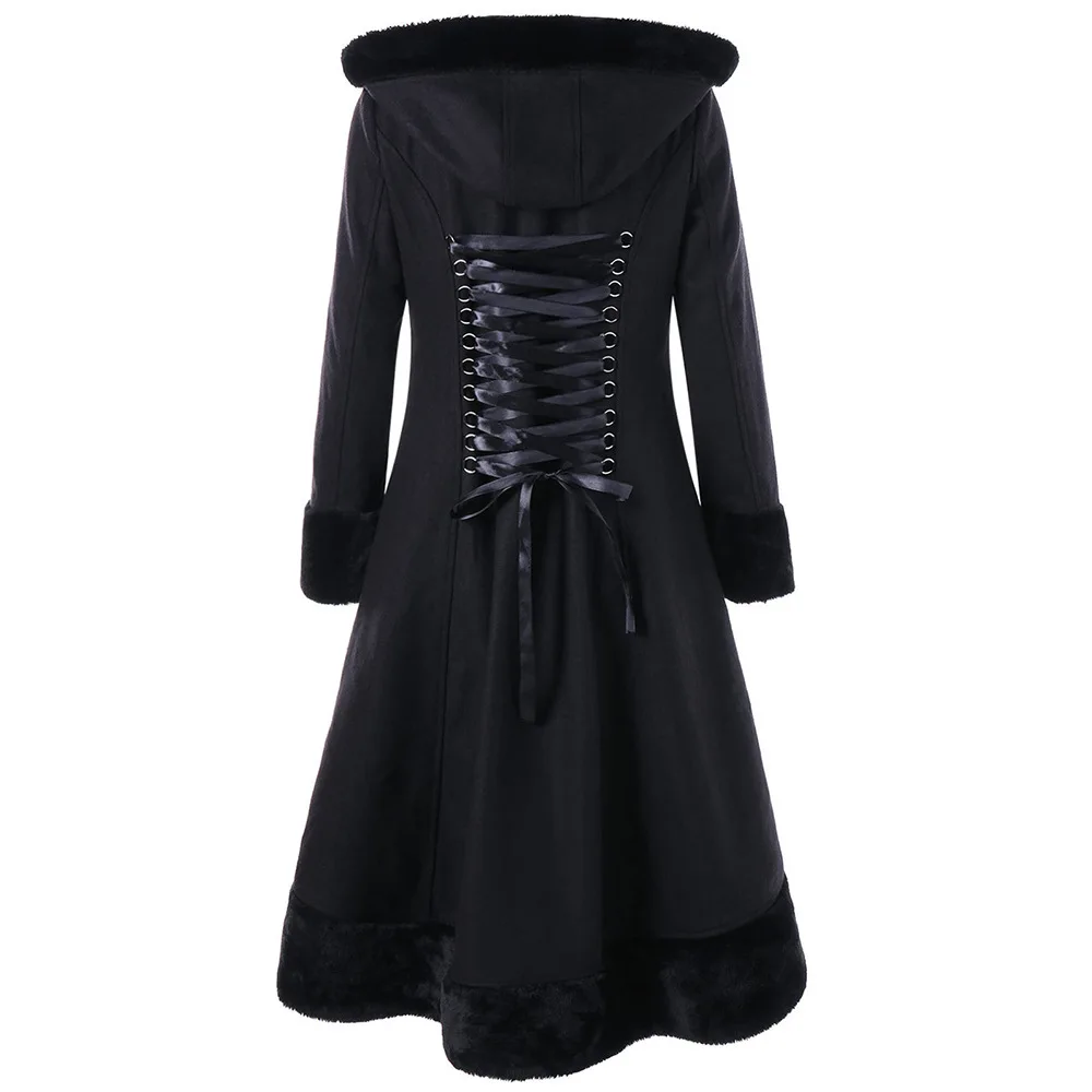 2018 Winter Trench Coat Women Gothic Coat with Hood Black Long Faux Fur Woolen Coat Back Lace Up Female Halloween Party Overcoat
2018 Winter Trench Coat Women Gothic Coat with Hood Black Long Faux Fur Woolen Coat Back Lace Up Female Halloween Party Overcoat