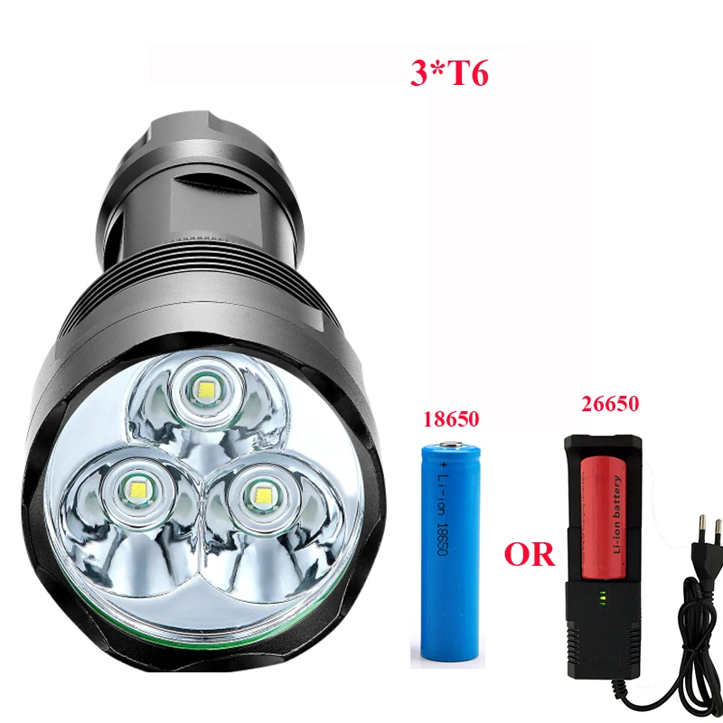 3800 Lumen High Power Flashlight 3*T6 Powerful LED Flash light with18650 or 26650 torch light lanterna camping riding
3800 Lumen High Power Flashlight 3*T6 Powerful LED Flash light with18650 or 26650 torch light lanterna camping riding