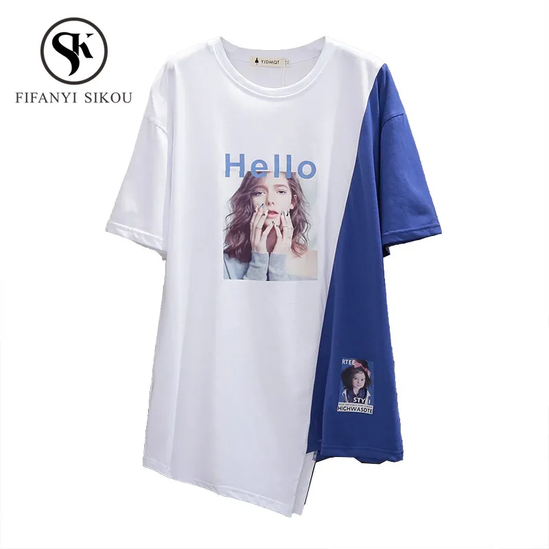 2019 Summer Fashion Patchwork Print T-shirt women Short sleeve O-Neck Long T shirt Splice Asymmetry Tees Loose Plus size Tshirt
2019 Summer Fashion Patchwork Print T-shirt women Short sleeve O-Neck Long T shirt Splice Asymmetry Tees Loose Plus size Tshirt