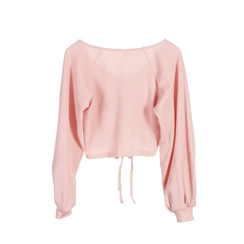 New Sexy V-Neck Lace up T-Shirt Women Crop Top Streetwear Stringy Knitted Pull Sleeve Solid T-Shirts Short Bandage Tops | Женская одежда