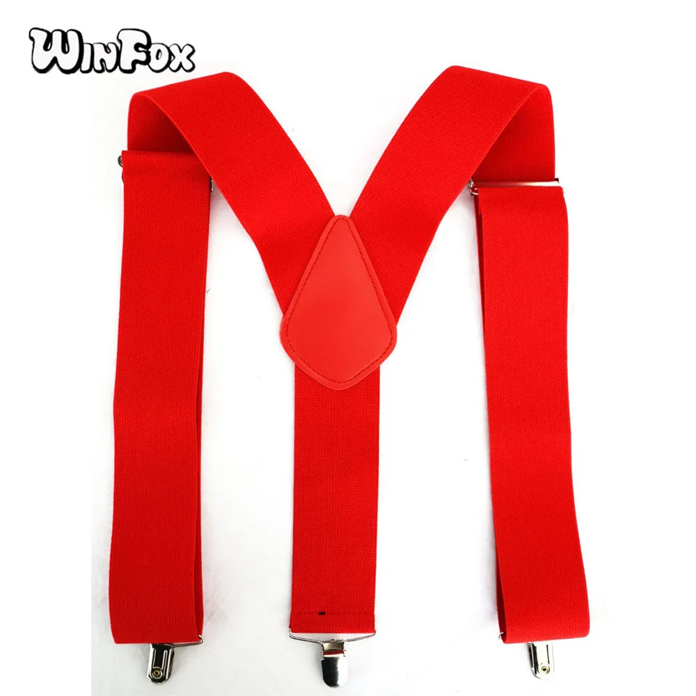 

Winfox Vintage Black Red 5cm Wide Elastic Adult Suspender Solid Pants Braces Male Suspenders Men 3 Clip-on