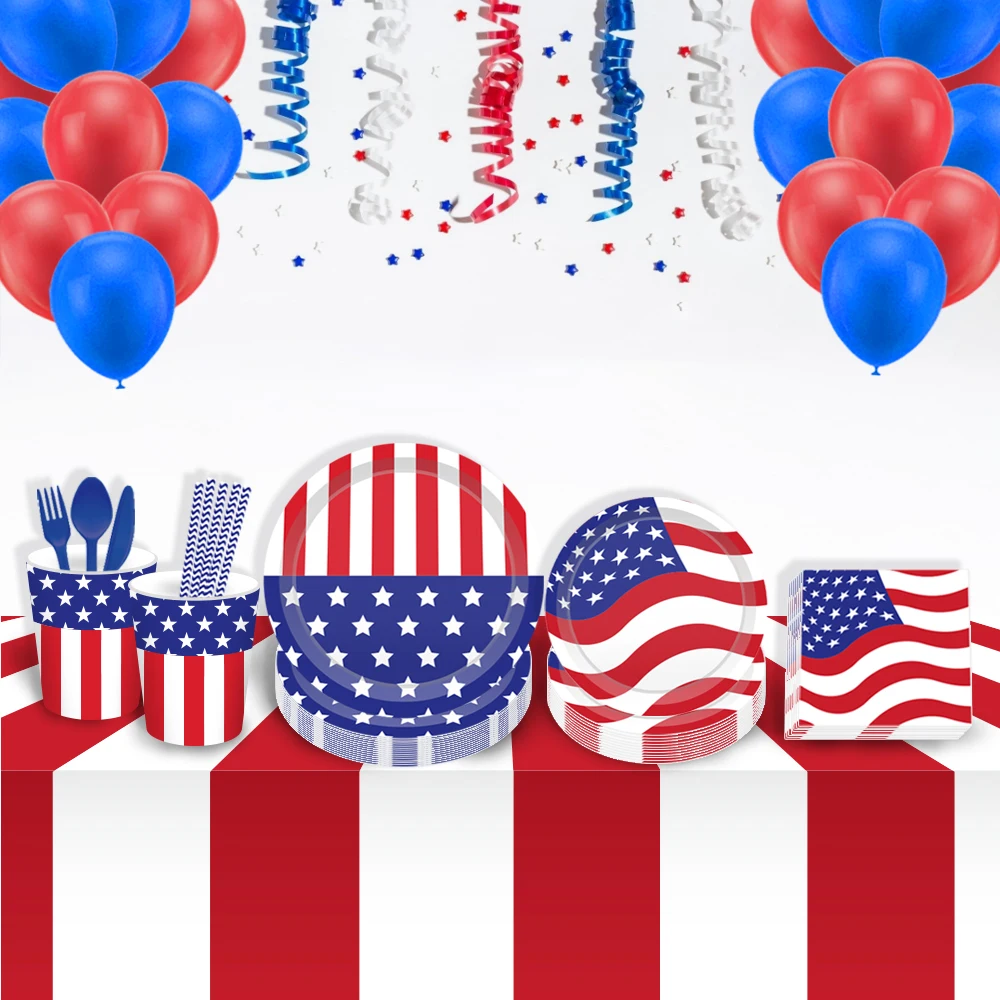 July 4th Theme Party Disposable Tableware Sets US National Flag Design Decorations American Independence Day Supplies - купить по