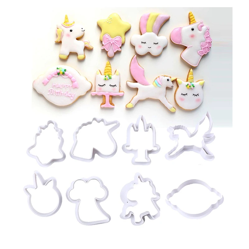 

New 8pcs Unicorn Biscuit Molds Plastic DIY Cake Chocolate Embossing Moulds Biscuit Fondant Cookie Cutter Set