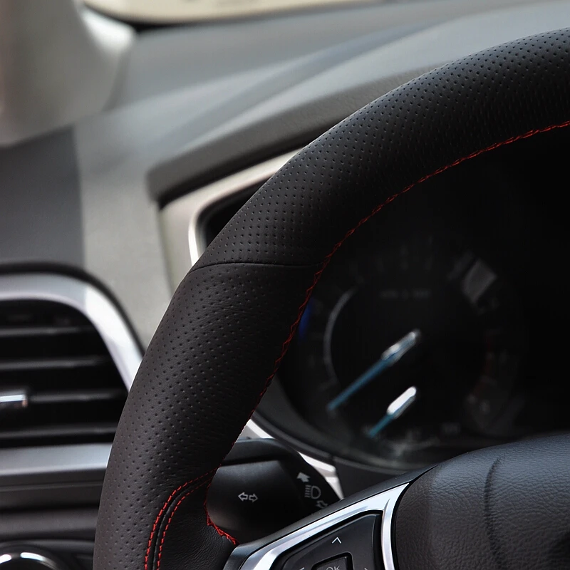 Hand Sew Black Leather Red Thread Steering Wheel Cover for Ford Fusion Mondeo 2013 2014
Hand Sew Black Leather Red Thread Steering Wheel Cover for Ford Fusion Mondeo 2013 2014
