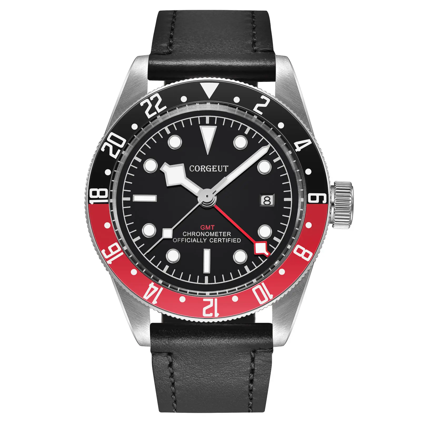 Corgeut 41 мм черный циферблат Bay GMT автоматические мужские часы красный ободок