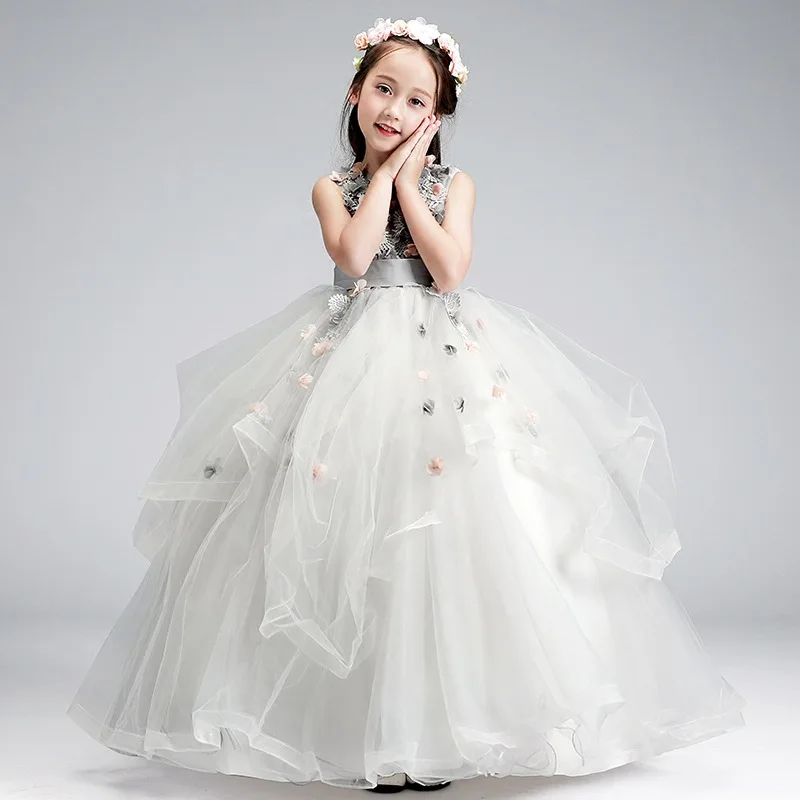 Милые серые Платья с цветочным узором для девочек бальное платье круглым вырезом