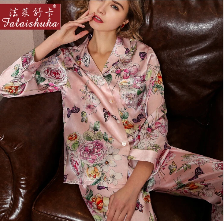 Womens Silk Pajamas Sets Pink Flower Print 2019 Large Summer 100% Stain Home Wear Fashion Pajama Pant Sleepwear XL | Женская одежда