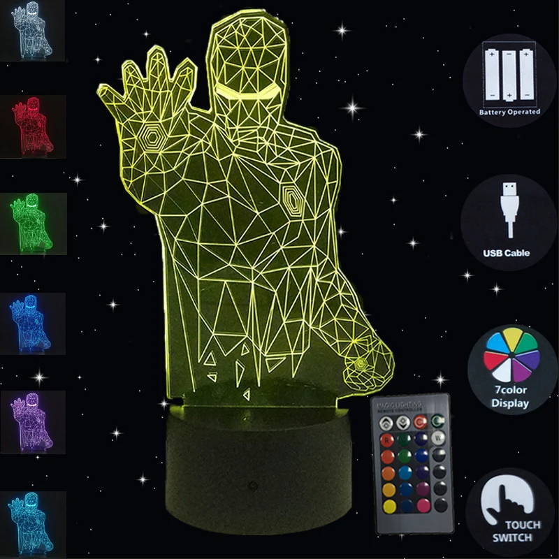 Креативные Супергерои Железный человек 3D ночные светильники сенсорная