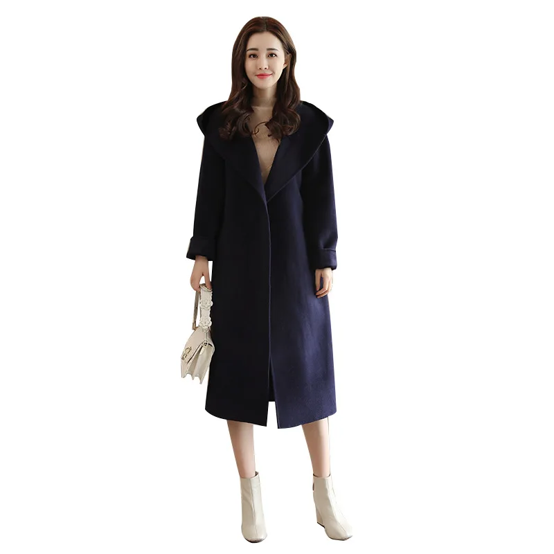 Повседневное однотонное длинное шерстяное пальто женские тонкие ленты Женская