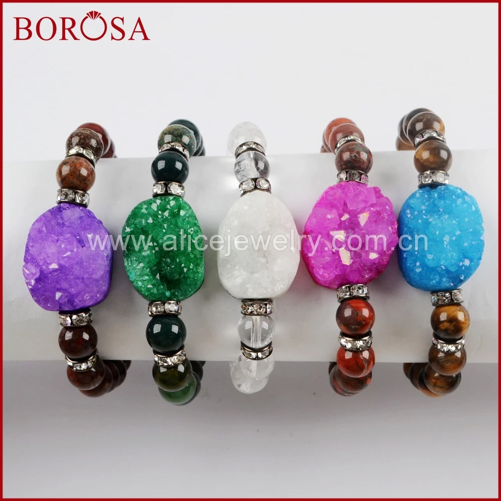 

BOROSA 5PCS Rainbow Agates Druzy With 8mm Multi-kind Stone Beads Bracelet Rainbow Drusy Bangls for Women Jewelry G1556