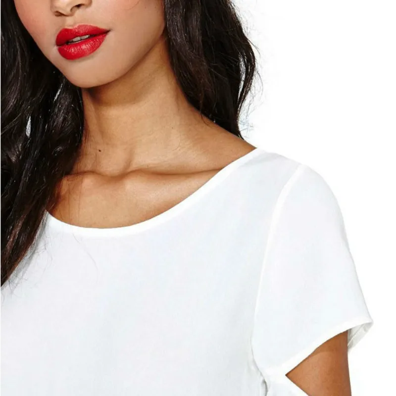 Summer Women Chiffon Blouse Crossed Back Short Sleeve O-Neck Solid White Color Hollow Fashion Women Shirts Loose Type Streetwear
Summer Women Chiffon Blouse Crossed Back Short Sleeve O-Neck Solid White Color Hollow Fashion Women Shirts Loose Type Streetwear