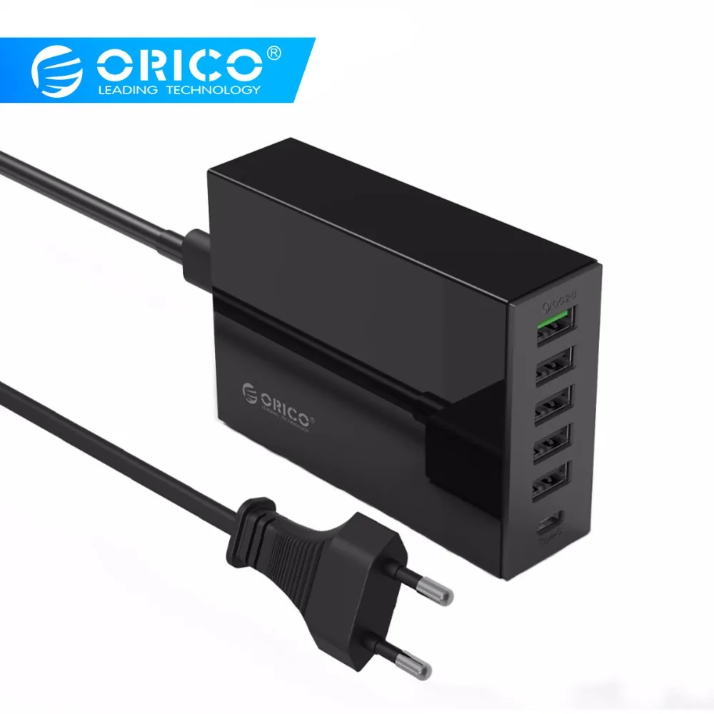 Быстрое зарядное устройство ORICO Type C QC2.0 6 портовое 5V2.4A 9V2A 12V1.5A для мобильного