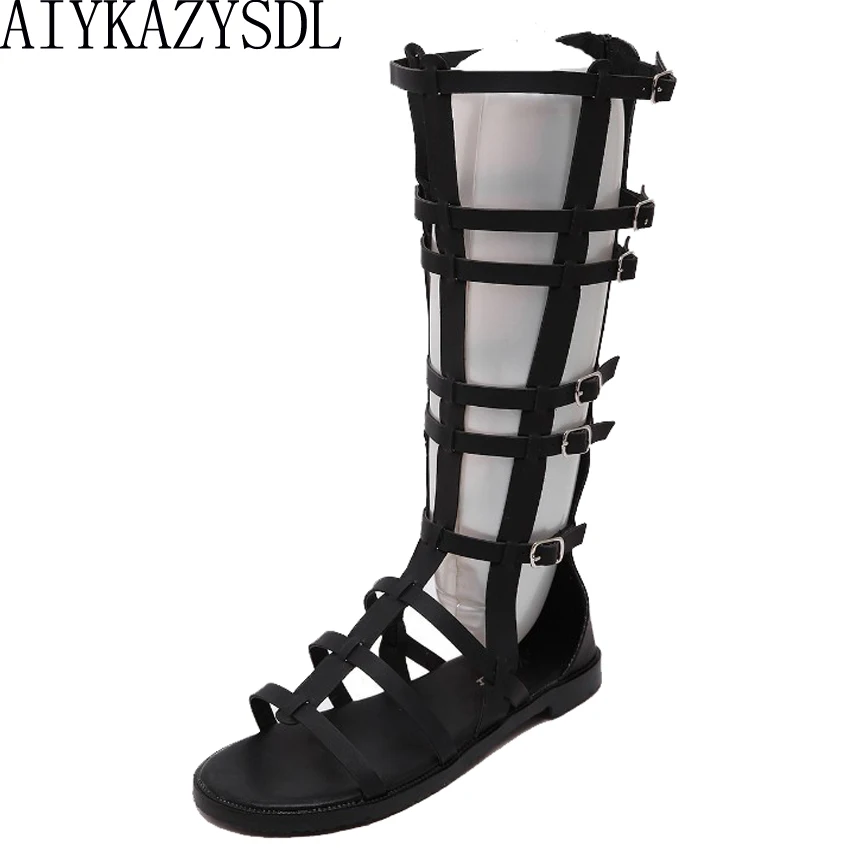 

AIYKAZYSDL 2018 Caged Cut Out Women Gladiator Rome Sandals Mid Calf Boots Long Bootie Summer Flat Heel Casual Shoes Beach Sandal