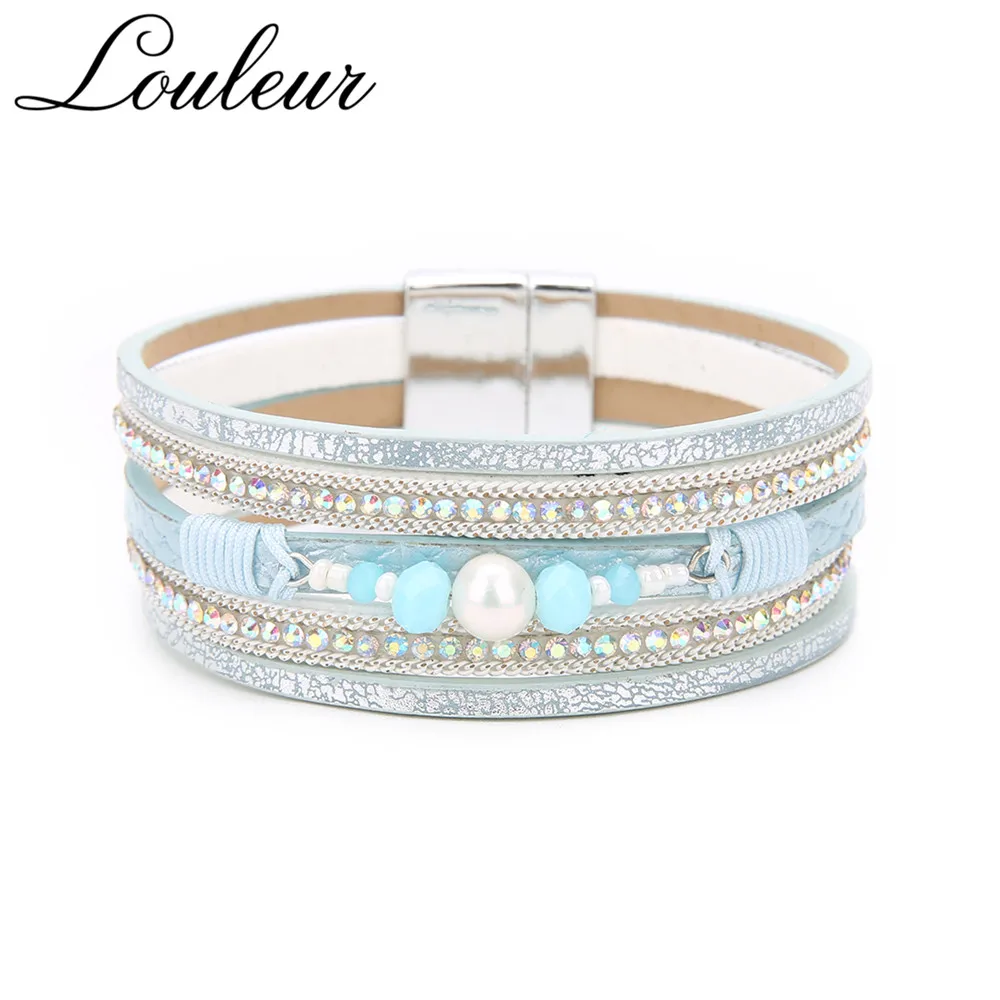 Louleur Bohemian Pearl Leather Bracelets For Women 2019 Crystal Pink Blue Multilayer Wrap Charm Bracelet Pulseras Mulher Jewelry | Украшения