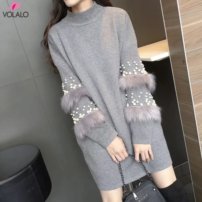 2019 Spring Winter Sweater Dress Loose Long Sleeve Pearl Beads Knitted Clothes Women Sweater Patchwork Fur jumper Vestdios
2019 Spring Winter Sweater Dress Loose Long Sleeve Pearl Beads Knitted Clothes Women Sweater Patchwork Fur jumper Vestdios
