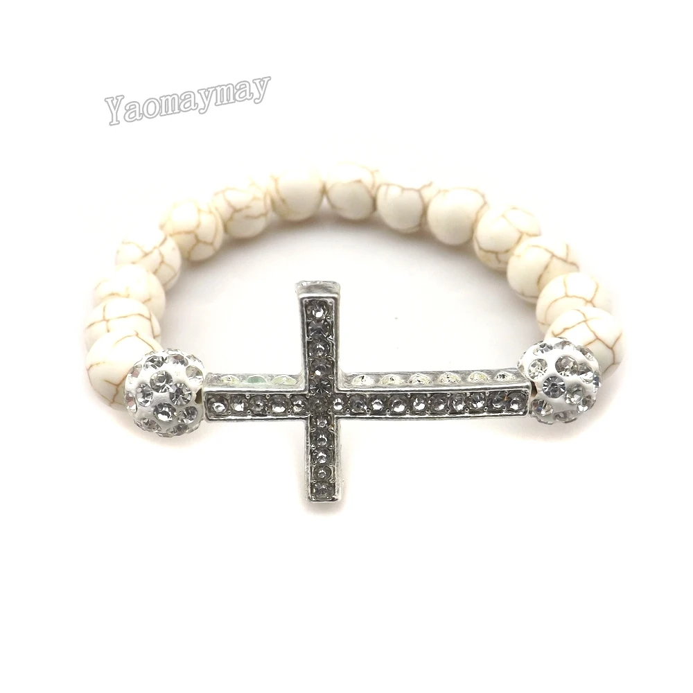 12pcs/lot Silver Color Sideways Cross White Turquoises Bracelet With Crystal Ball For Christmas Promotion
12pcs/lot Silver Color Sideways Cross White Turquoises Bracelet With Crystal Ball For Christmas Promotion