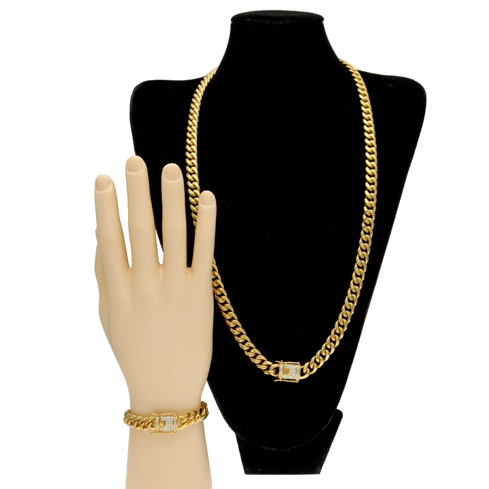 10/12mm Hip Hop Rhinestones Paved 316L Stainless Steel Necklaces Bracelets Set Gold Color Cuban Link Chain for Men jewelry Gift
10/12mm Hip Hop Rhinestones Paved 316L Stainless Steel Necklaces Bracelets Set Gold Color Cuban Link Chain for Men jewelry Gift