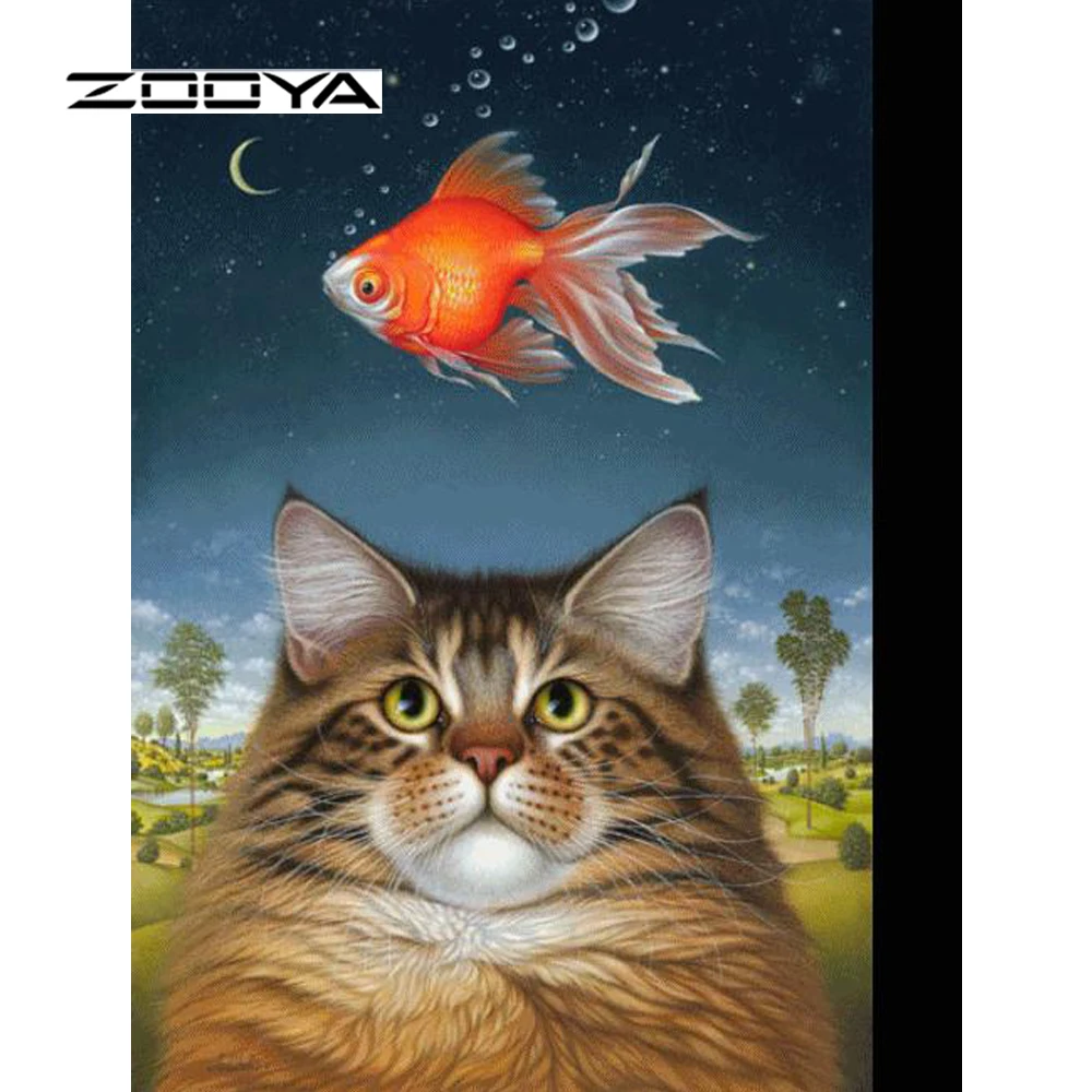 ZOOYA Алмазная картина животное кошка рыба полная Вышивка Узор Стразы Декор Из