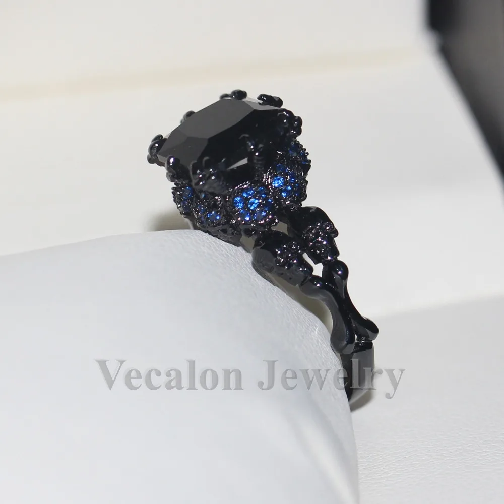 Женское кольцо для свадьбы Vecalon черное Золотое с синим цирконием 5 А|ring set|rings set for