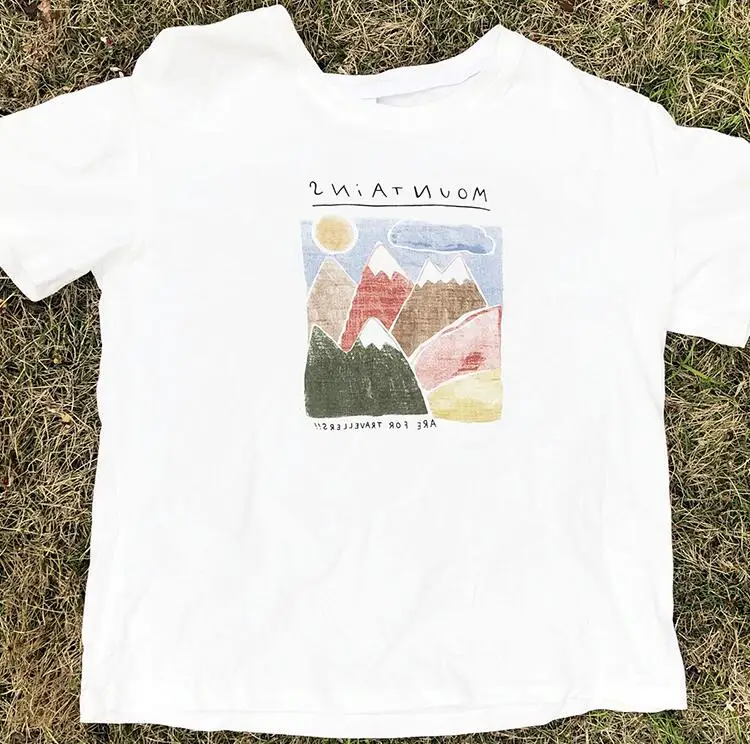 Vintage Pattern Printing Women Short Sleeve Mountain Range Cartoon Printed T-Shirt
Vintage Pattern Printing Women Short Sleeve Mountain Range Cartoon Printed T-Shirt