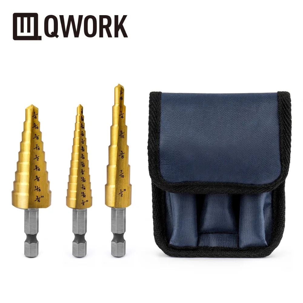 QWORK 3 шт. набор титановых ступенчатых Сверл с сумкой для хранения шестигранным