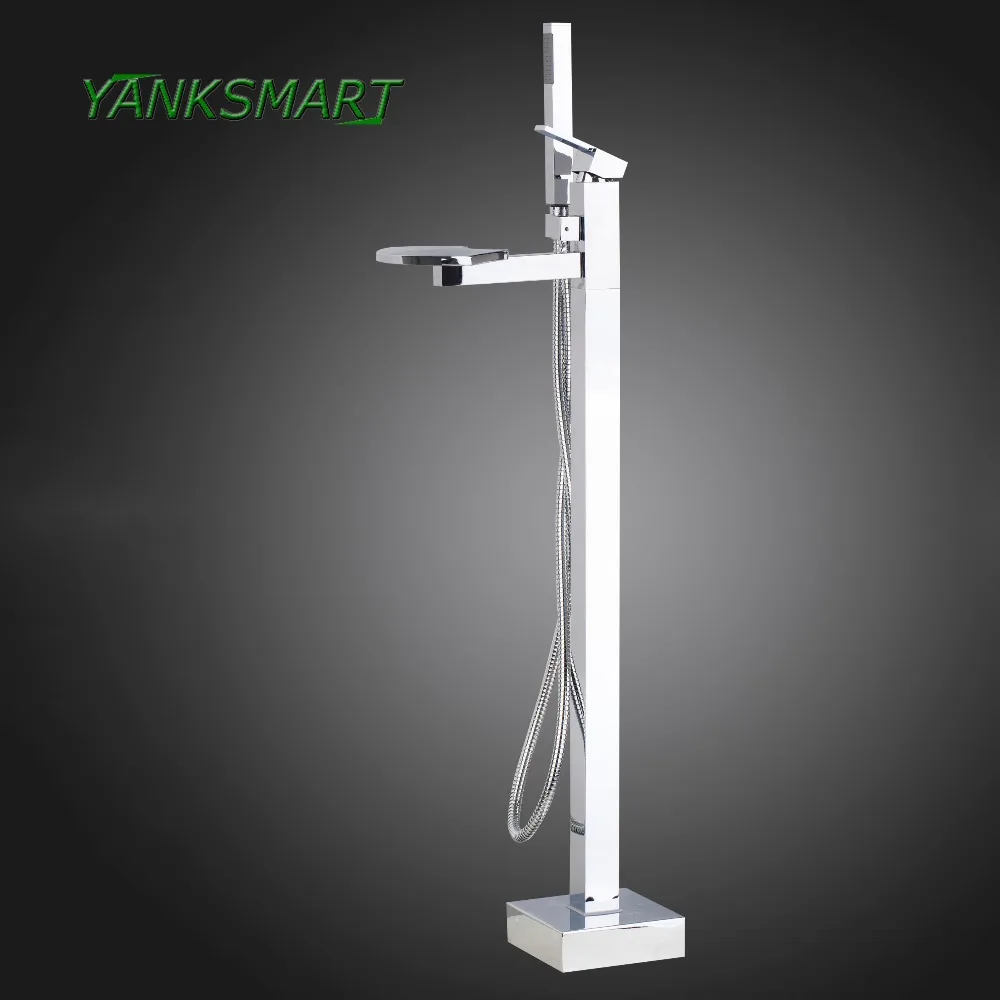 

YANKSMART Bathroom Bathtub Chrome Polished Waterfall Shower Mixer Faucet +Handheld Sparyer floor mount free standing tap