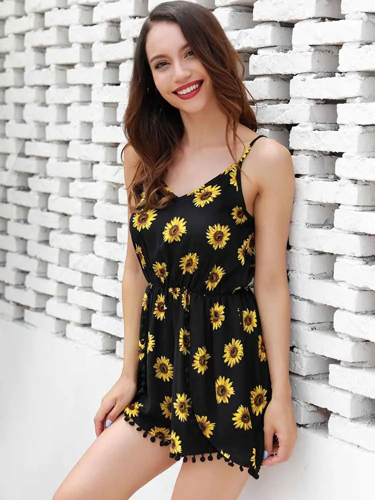 yinlinhe Black Sunflower Short Jumpsuit Women Rompers Strap Playsuit Summer Overalls For Ladies Boho Casual Outfits 1131 | Женская