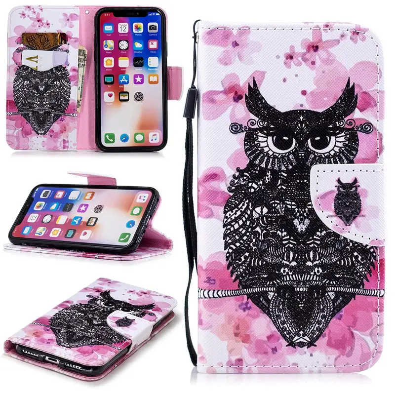 Сова рисунком кошелек чехол для iphone X Обложка Flip Стенд кожаный основа Coque Fundas 5S 5 SE
