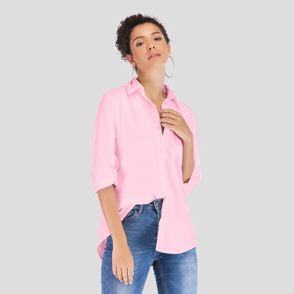 Женская рубашка в офисном стиле, белая, розовая блузка с длинным рукавом и отложным воротником, на пуговицах, очень хорошее качество, 2019 
Женская рубашка в офисном стиле, белая, розовая блузка с длинным рукавом и отложным воротником, на пуговицах, очень хорошее качество, 2019