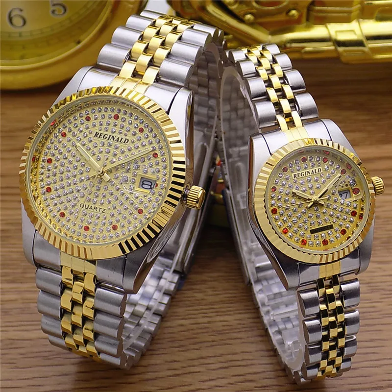 Модные брендовые женские и мужские золотистые роскошные стальные часы REGINALD для
