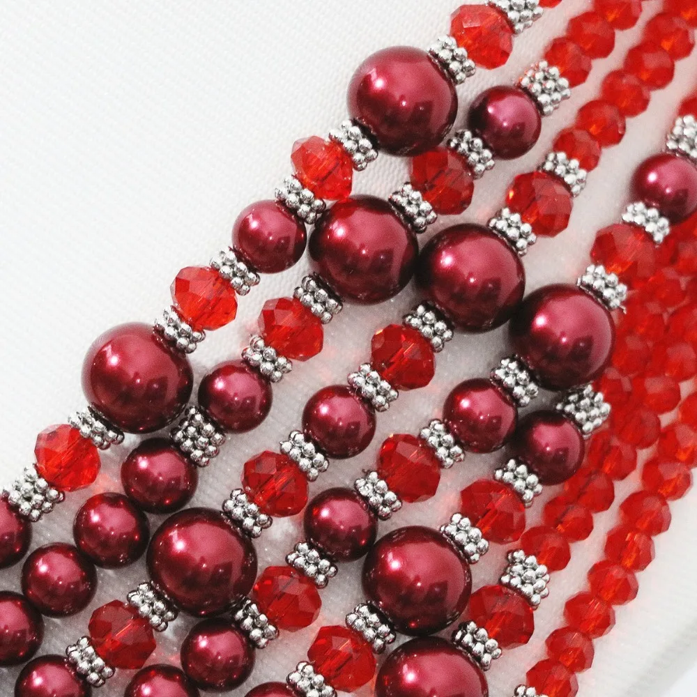 New design high quality statement necklace earrings 7 rows red shell simulated-pearl crystal fashion women jewelry set B1299 | Украшения и