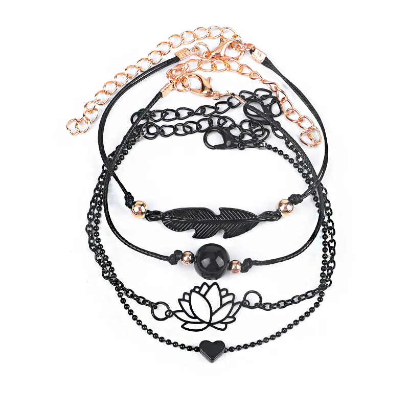 4 комплекта черное сердце полый браслет с цветком лотоса для женщин Ретро стиль