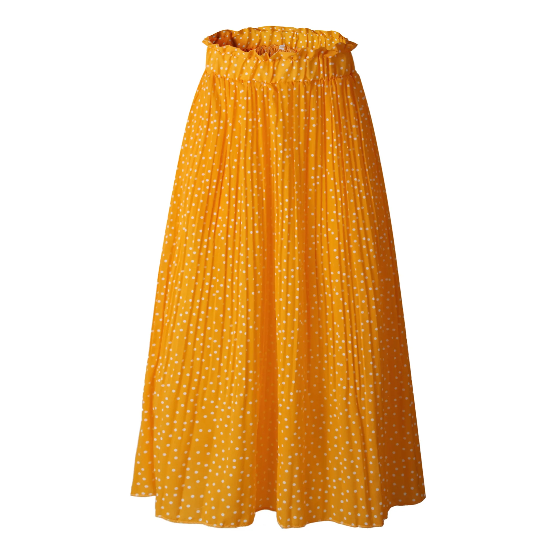 Женская винтажная длинная шифоновая плиссированная юбка в горошек желтая белая