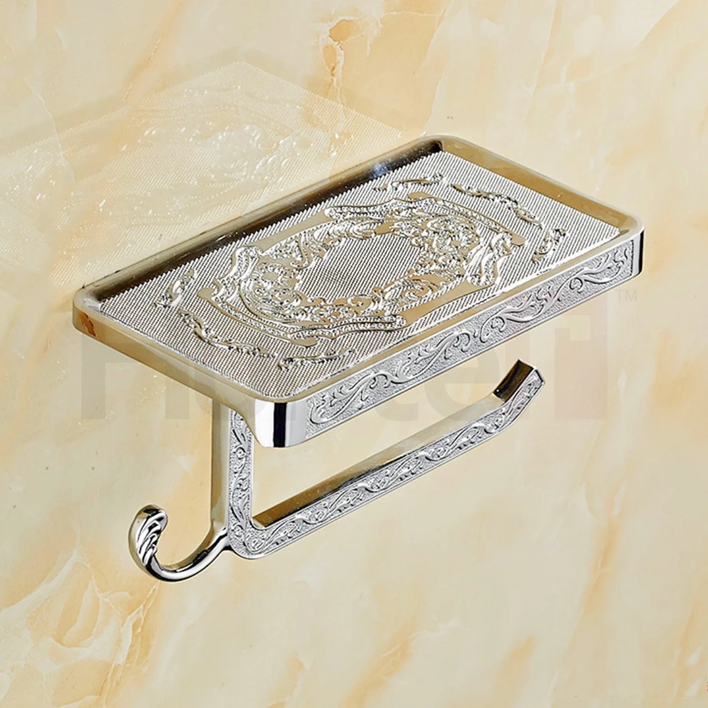 ORENBO Chrome Toilet Paper Holder Antique Carving Toilet Roll Paper Rack wiht Phone Shelf Wall Mounted Bathroom Paper Holder