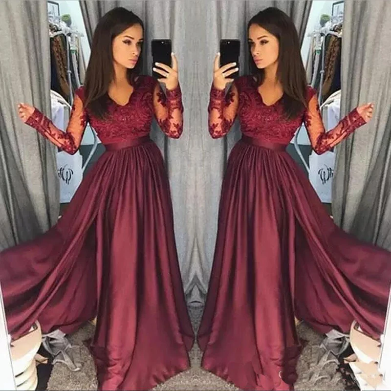 Burgundy V Neck Lace Applique Long Prom Dresses Sheer Long Sleeves A Line Zipper Back Formal Party Evening Gowns Custom Made 
Burgundy V Neck Lace Applique Long Prom Dresses Sheer Long Sleeves A Line Zipper Back Formal Party Evening Gowns Custom Made