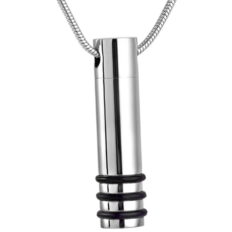 IJD8067 Stainless Steel Cylinder Memorial Urn Necklace with 3 black band for Human ashes keepsake jewelry
IJD8067 Stainless Steel Cylinder Memorial Urn Necklace with 3 black band for Human ashes keepsake jewelry