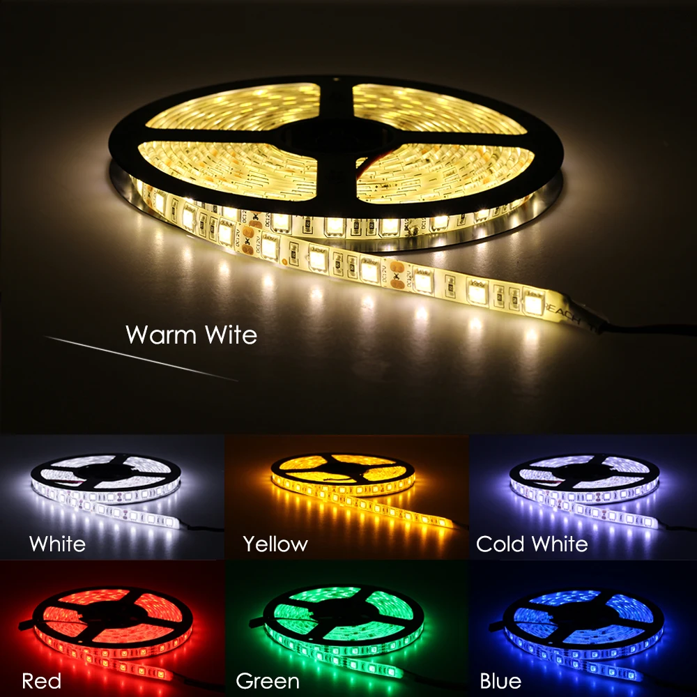 5M 5050 LED Strip Light 60LED/Meter Input 12V Safe Tape DIY warm White Red Blue Green RGB yellow Flexible Led Line 3M Sticker
5M 5050 LED Strip Light 60LED/Meter Input 12V Safe Tape DIY warm White Red Blue Green RGB yellow Flexible Led Line 3M Sticker