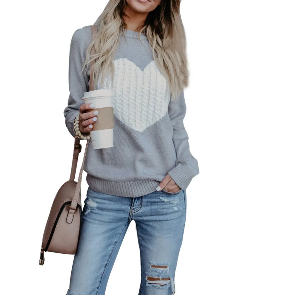 Женский трикотажный свитер с принтом сердечек Свободный пуловер длинным рукавом