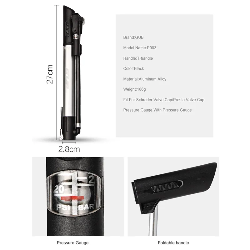Портативный велосипедный насос GUB из алюминиевого сплава 120 фунт/кв. Дюйм ручной