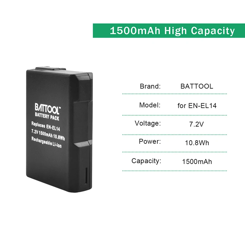 BATTOOL 7.4V 1500mAh EN-EL14 Batteries ENEL14 EN EL14 Camera Battery Pack For Nikon D5200 D3100 D3200 D5100 P7000 P7100 MH-24
BATTOOL 7.4V 1500mAh EN-EL14 Batteries ENEL14 EN EL14 Camera Battery Pack For Nikon D5200 D3100 D3200 D5100 P7000 P7100 MH-24