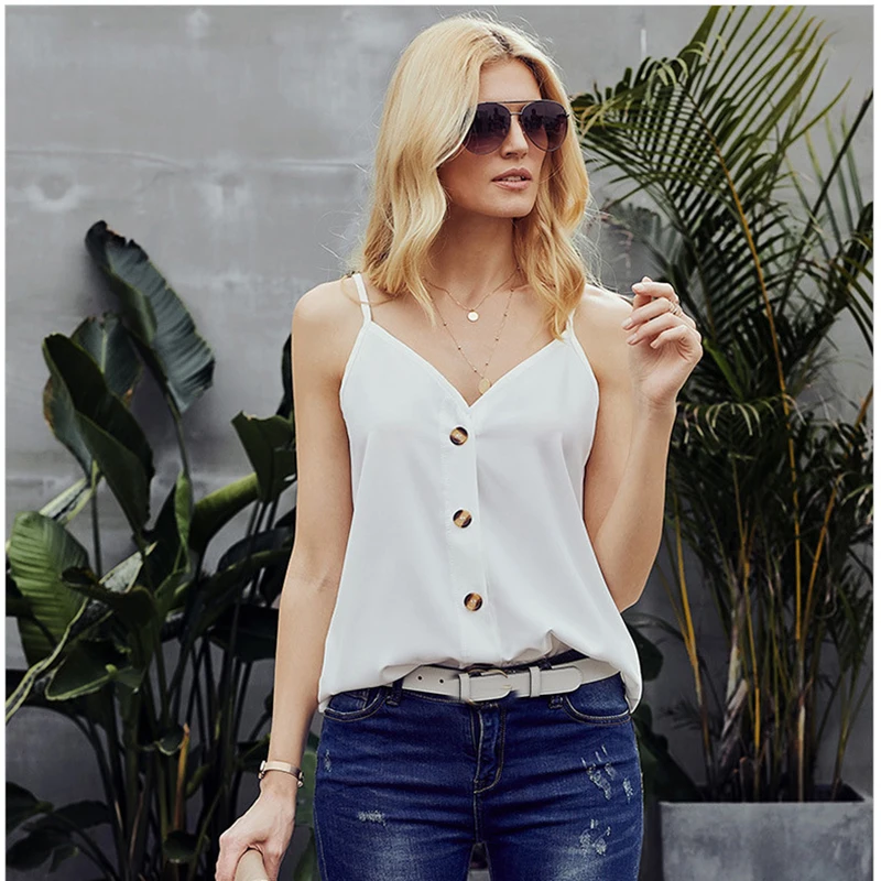 Summer Sexy V-Necks Solid White Camis T-shirt Top for Women Clothes Sleeveless Single Breasted Loose OL Ladies Tee Shirt Female
Summer Sexy V-Necks Solid White Camis T-shirt Top for Women Clothes Sleeveless Single Breasted Loose OL Ladies Tee Shirt Female