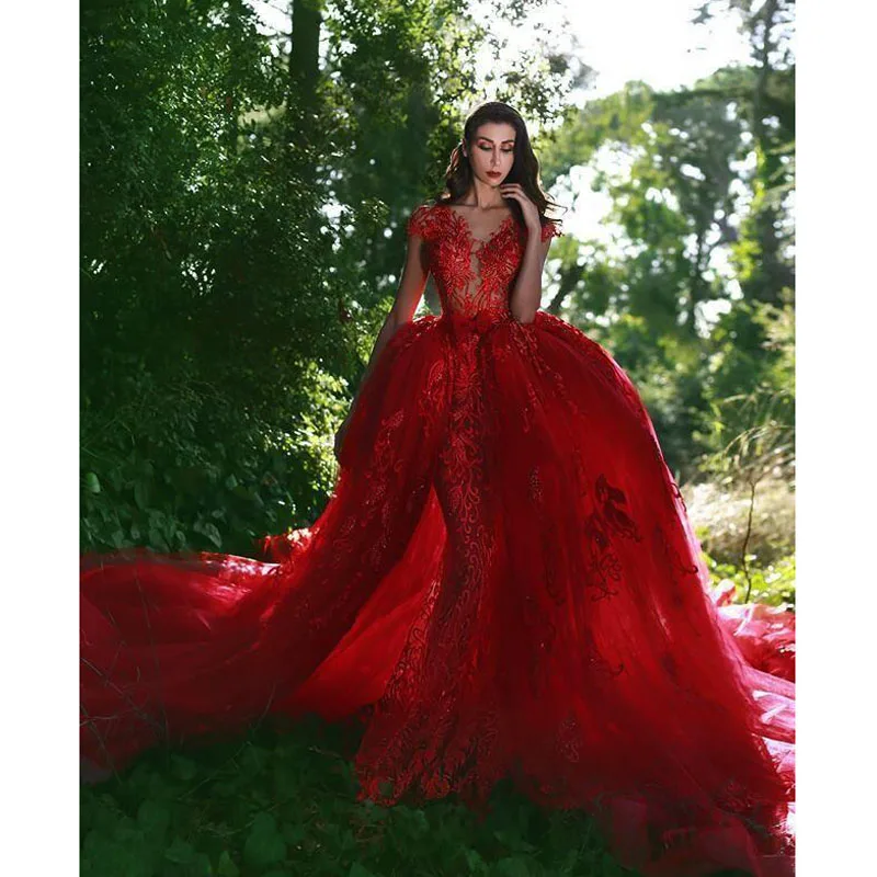 Gorgeous Red Mermaid Wedding Gowns with Detachable Tulle Train Fashion Appliqued Lace Bridal Gowns 2018 Arab Banquet Party Dress
Gorgeous Red Mermaid Wedding Gowns with Detachable Tulle Train Fashion Appliqued Lace Bridal Gowns 2018 Arab Banquet Party Dress