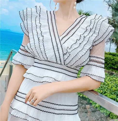 Aihuyigui 2019 Summer Elegant Designer Deep V-neck Ruffles Mesh Dress Women Striped Multlayer Cake Pleated Dress Vestidos dr434
Aihuyigui 2019 Summer Elegant Designer Deep V-neck Ruffles Mesh Dress Women Striped Multlayer Cake Pleated Dress Vestidos dr434